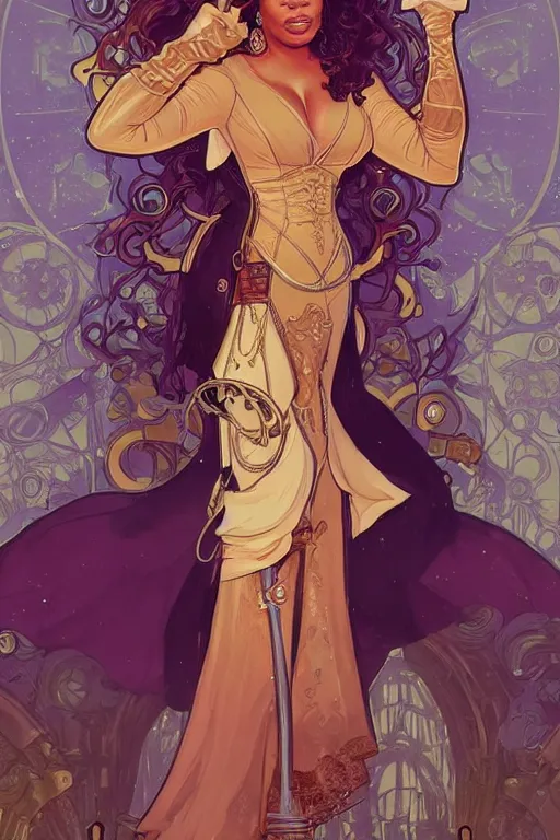 Prompt: oprah winfrey as steampunk princess, blonde hair, high fantasy, dnd, smooth, sharp focus, illustration, highly detailed, digital painting, artstation, concept art, by disney animation, rossdraws, alphonse mucha, frank fanzzeta, collectible card art