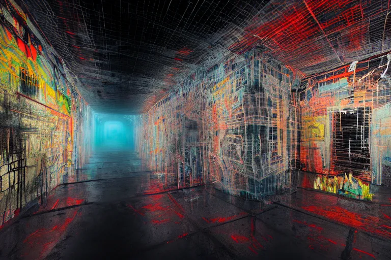 Prompt: the inside of a symmetrical hellish dungeon, multilayer glitch effect in spatial perceptron synapses, matte painting, 4 k, epic composition, volumetric light, abstract illusionism, by robert rauschenberg, konstantinas ciurlionis, jean - michel basquiat, pour paint, modern street art, grunge wall, industrial