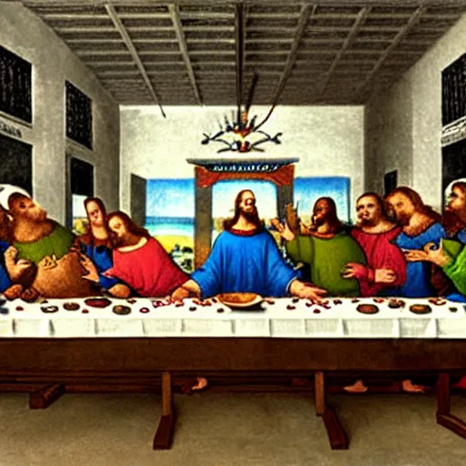 Prompt: pepe the frogs in the last supper