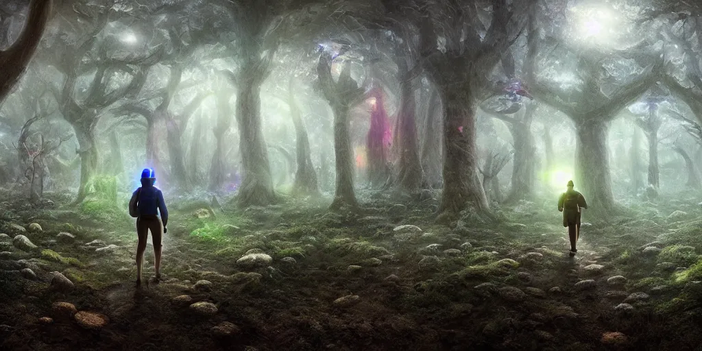 Prompt: a hiker discovers a large portal to an alternate dimension in a dark gloomy foggy fantasy mushroom forest, blue lights suround the portal, large mushrooms, high quality rendering, digital art