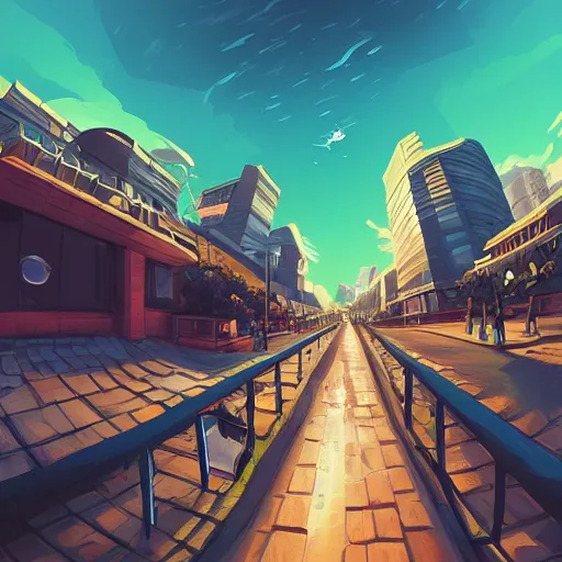 Prompt: street view, utopian!!!!! ( ( bustling ) ), trending on artstation, fisheye!!! lens