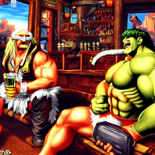 Prompt: hulk hogan having a drink in a tavern, vanillaware artwork