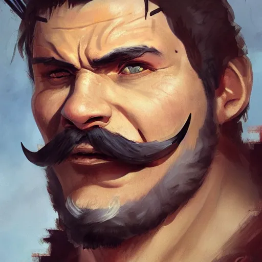 Image similar to portrait old barbarian warrior with trucker mustache and short hair, 8 k, trending on art station, by tooth wu and greg rutkowski