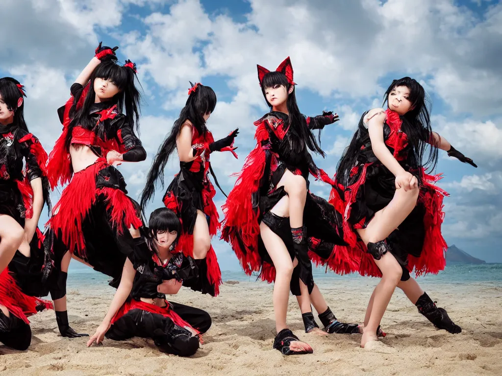 Image similar to babymetal 3 members performing on a tropical beach beautiful, scenery, high detail face, High Definition detail, 8K, photography