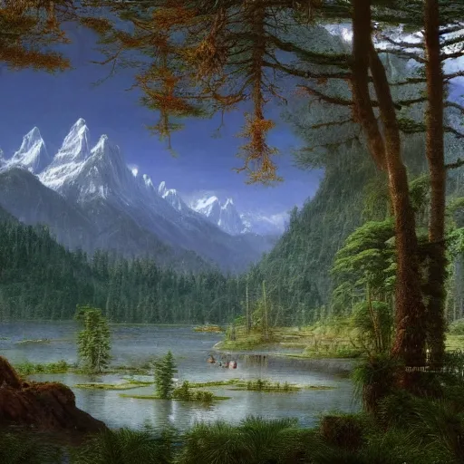 Prompt: a beautiful and highly detailed matte painting of an epic lush mountain range stretching into the distance, fir trees, pine trees, flowers, a lake in the distance, intricate details, epic scale, insanely complex, 8 k, sharp focus, hyperrealism, very realistic, by caspar friedrich, albert bierstadt, greg rutowski, james gurney, zeen chin,