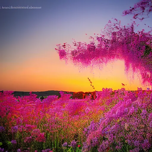 Prompt: a sea of flowers at sunset, by luke aegis