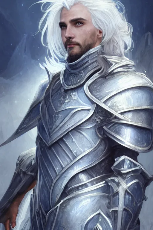 Prompt: portrait white hair knights of Zodiac male, Sliver ice color reflected armor, in ruined Agora of Athens Sunrise, ssci-fi and fantasy, intricate and very very beautiful and elegant, highly detailed, Frostbite Engine, digital painting, artstation, concept art, smooth and sharp focus, illustration, art by tian zi and WLOP and alphonse mucha