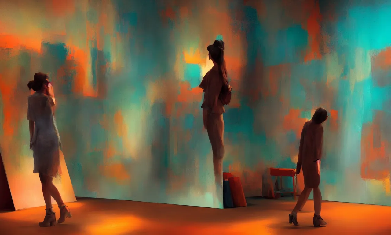 Prompt: digital painting of a lady in an art studio, looking at a big painting on a wall, soft teal and orange colored wall, beautiful volumetric lighting, artstation