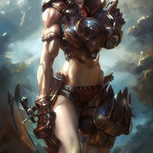 Prompt: muscular armored anime girl by daniel gerhartz, trending on art station