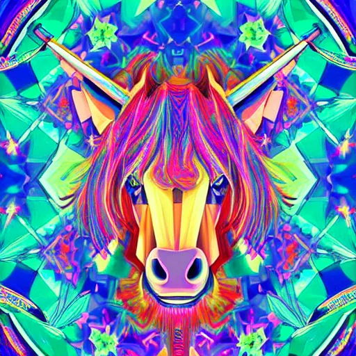 Image similar to a technicolor portrait illustration of a unicorn in geometric kaleidoscopic colors trending on artstation 4 k intricate extremely detailed digital art