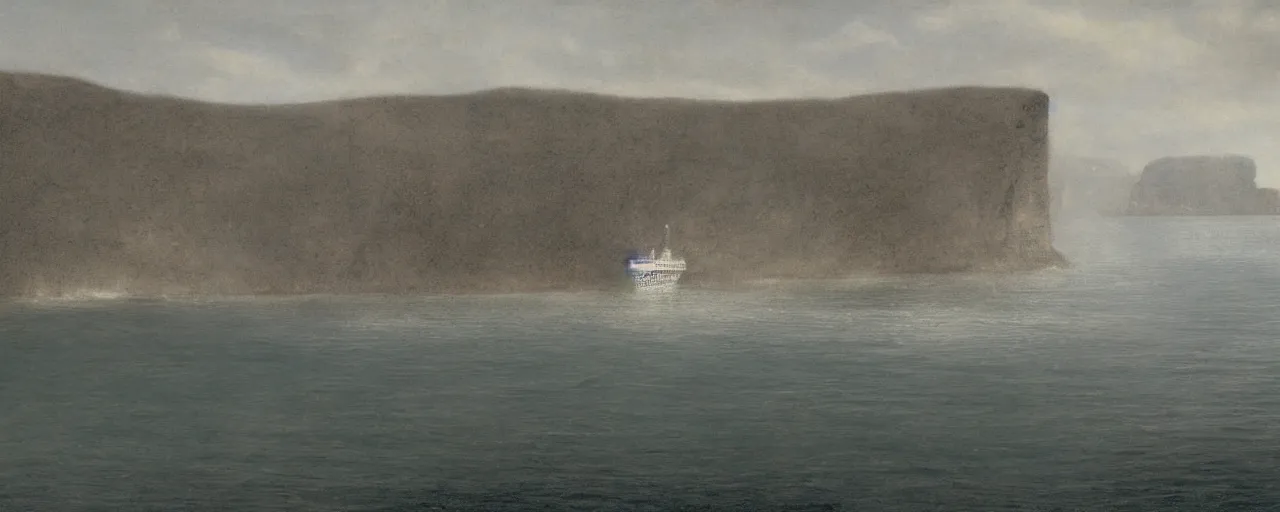 Prompt: cruise ship near misty black cliffs over steamy water by Fernand Khnopff, matte painting