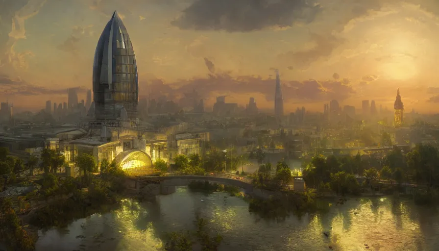 Prompt: capital city of the free republic of liberland with humongous green glass dome, solarpunk, eutopie, sunset light, hyperdetailed, artstation, painting by gaston bussiere, craig mullins, j. c. leyendecker, 8 k