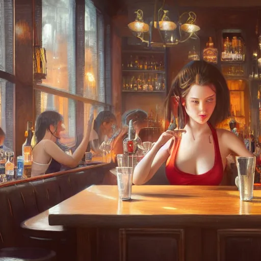 Image similar to highly detailed painting of a beautiful female drunk in a bar, stephen bliss, 8 k, unreal engine, by greg rutkowski, loish, rhads, artgerm, ferdinand knab, makoto shinkai and lois van baarle, ilya kuvshinov, rossdraws, tom bagshaw, global illumination, radiant light, detailed and intricate environment