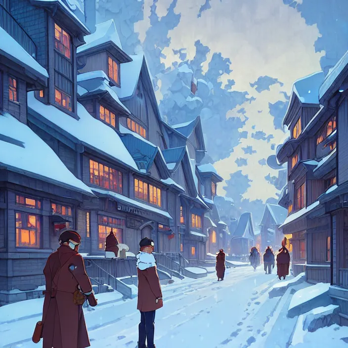 Image similar to canadian city, winter, in the style of studio ghibli, j. c. leyendecker, greg rutkowski, artem