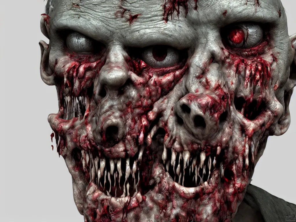 Image similar to zombie close up, grotesque, ugly, moody, 3 d, 3 d render, realistic, hdr, stan winston studios, dramatic lighting, cinematic lighting, studio quality, perfect image