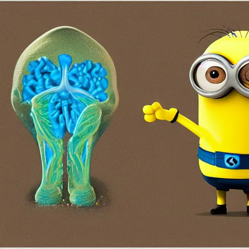 Image similar to A detailed biological anatomy of a minion, photorealistic, textbook, scientific