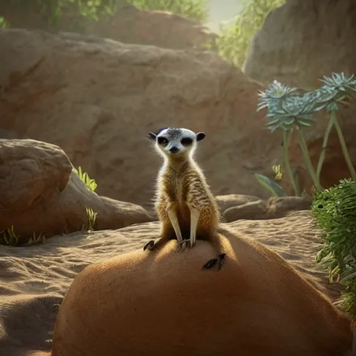 Prompt: curly haired girl with a body of a meerkat, in the style of pixar, 3 d, detailed, beautiful, amazing, 8 k, unreal engine 5,