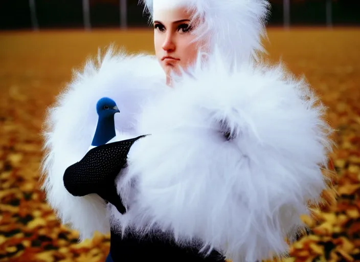 Prompt: realistic photo of the woman gymnast sports team white cotton fluffy bird white carnival costumes shorts, fluffy pigeon head face portrait, wood in autumn, grey dusk sky with black clouds 1 9 9 0, life magazine reportage photo,