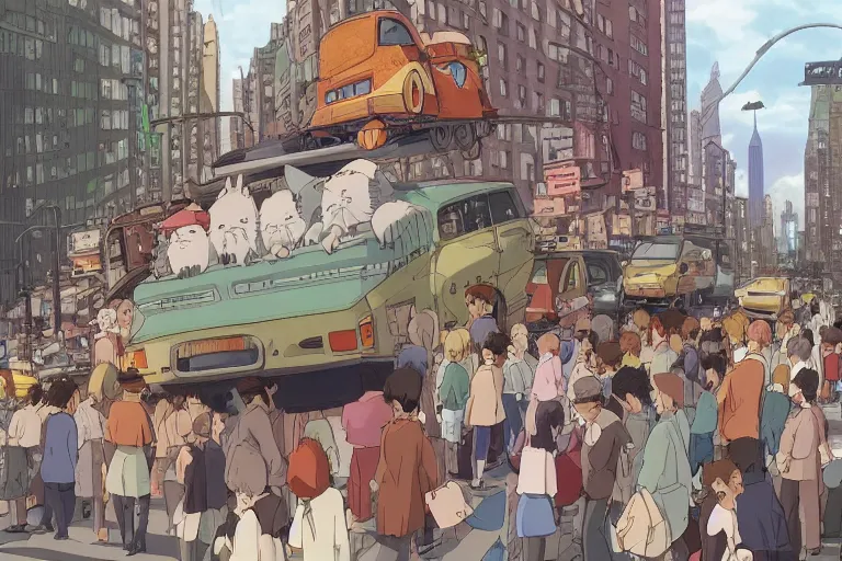 Image similar to catbus stuck in new york traffic jam. 4 k digital paint by studio ghibli hayao miyazaki. very sharp and detailed. trending on artstation and behance.