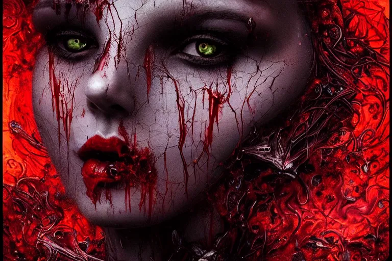 Image similar to surreal Portrait of beautiful seductive Dark demonic godeness of destruction and war covered in blood in dmt chromatic surreal liquid enviroment , elegant, highly detailed, smooth, photoreal, sharp focus, illustration, beautiful, geometric, dmt trending on artstation, cinematic, artwork by WLOP