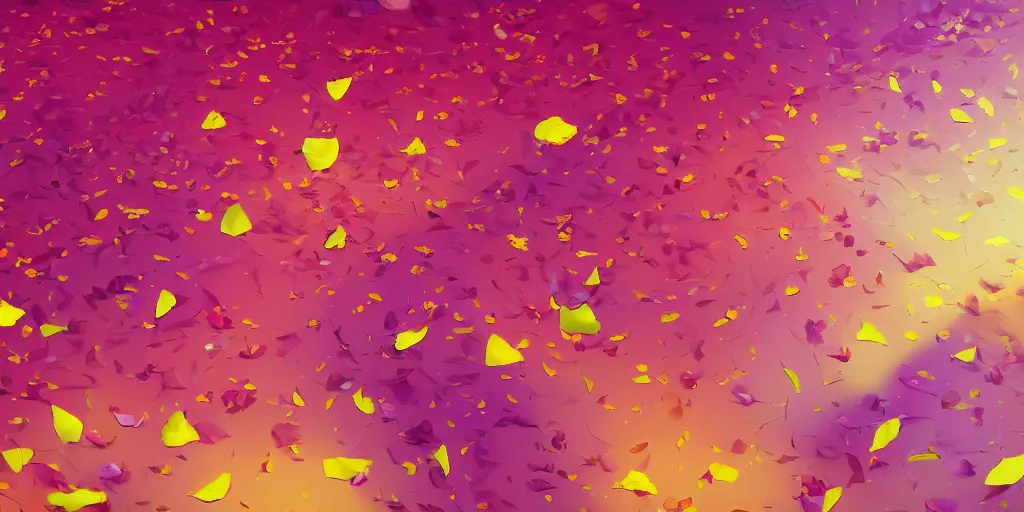 Image similar to background art of spaciously scattered flower petals flowing and flowing through the air from left to right on a simple sunset background, large individual rose petals, angular background elements, polygonal fragments, anime, artgerm, manga, trending on artstation, art nouveau, mature color scheme