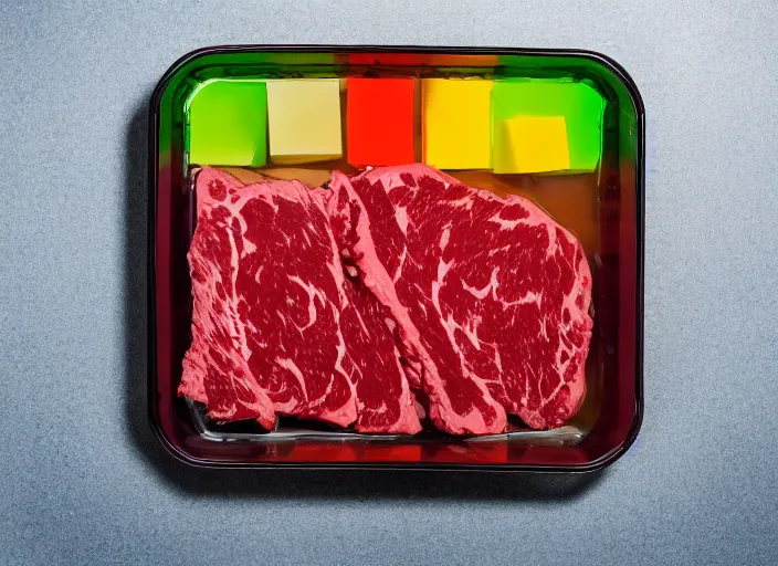 Image similar to dslr food photograph of a jello mold filled with cubes of beef, 8 5 mm f 1. 8