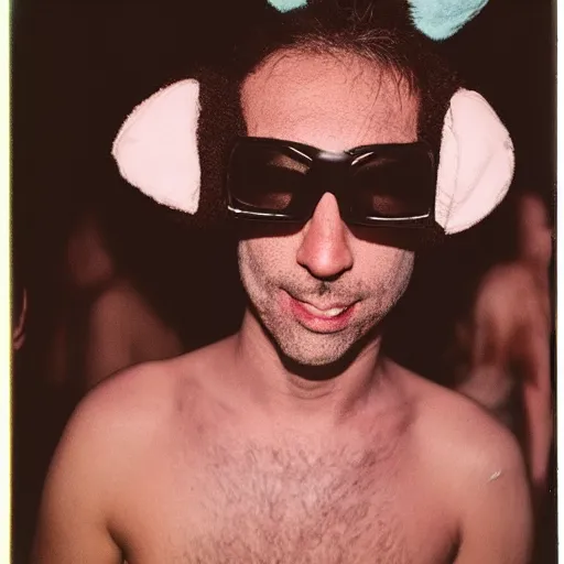 Image similar to grainy head to shoulder portrait polaroid film photograph of a man wearing a bunny costume in a rave party. looking at the camera!!. super resolution. extremely detailed. polaroid 6 0 0 film. by annie leibovitz and richard avedon