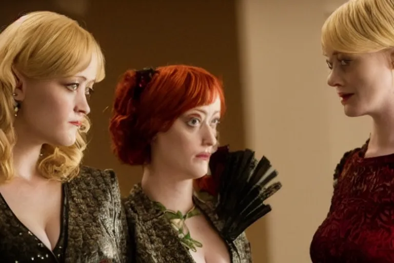 Prompt: A film still of an Olivia Taylor Dudley and Christina Hendricks, high detail