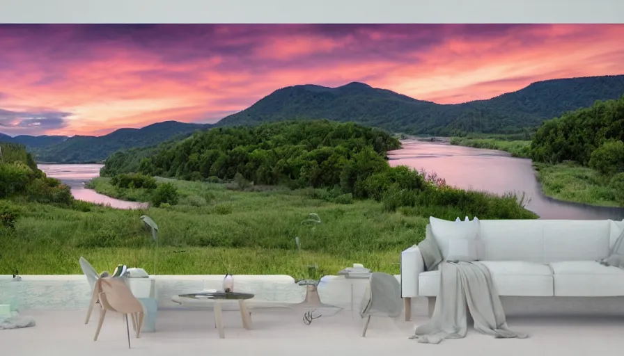 Image similar to photo realistic post modern home on a river bend, hills, mountains, sunset, trees in the background, moody scene, anamorphic lens, kodak color film stock