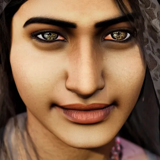 Prompt: a close-up on the beautiful face of an Indian woman in her 20s with a beetle crawling on her chin, trending on artstation, micro-details, 8k.