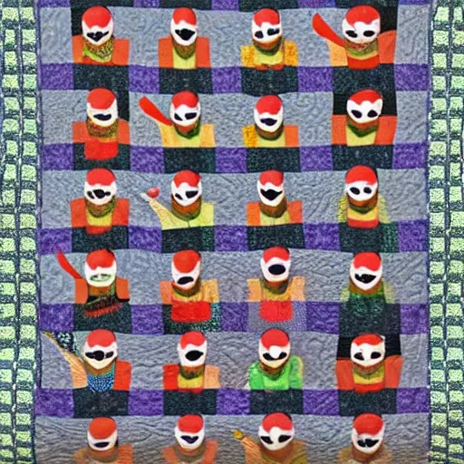 Prompt: a patterned quilt of strange clowns