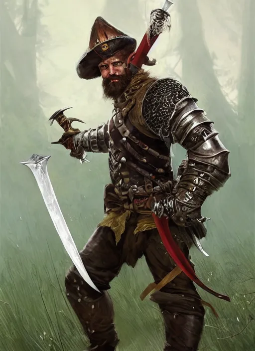 Image similar to strong young man, photorealistic bugbear ranger holding sword, fire magic, black beard, dungeons and dragons, pathfinder, roleplaying game art, hunters gear, jeweled ornate leather and steel armour, concept art, character design on white background, by norman rockwell, makoto shinkai, kim jung giu, artstation trending, poster art, colours red and green