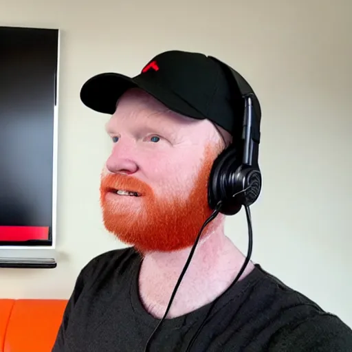 Prompt: middle aged streamer on twitch with black hat, stubble, ginger hair, orange hair, black cap, stubbles, red headphones, in the style of jeremiah ketner