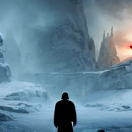 Image similar to darth vader's back in silhouette is in the foreground on the left, in the background on the right is is a superhero man who is made of ice, dangerous icy environment, cinematic, graphic novel, matte fantasy painting, extremely high detail, photo realistic, 4k, post processed, Artstation