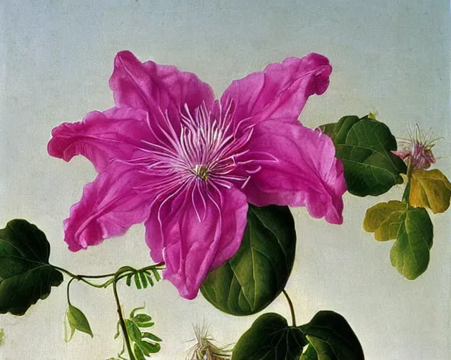Image similar to pink dripping clematis, beautiful oil painting by ambrosius bosschaert