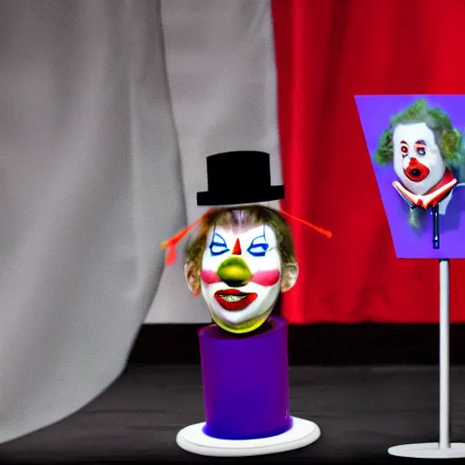 Image similar to string puppet of a president with clown makeup in a podium and a human shadow behind