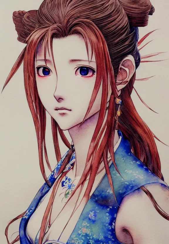 Image similar to a full-body watercolor painting of Aerith Gainsborough by Yoshitaka Amano, ukiyo-e, nouveau, concept art, 80's fantasy art, highly detailed, intricate, trending on artstation, award-winning