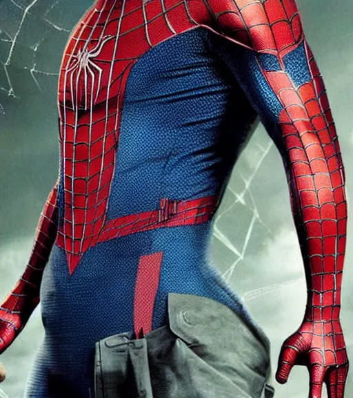 Image similar to very handsome peter parker with his spider suit removed to his waist, looking seductive