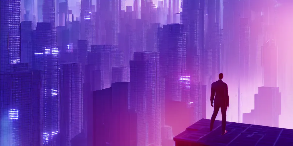 Image similar to a view of a man's back standing on top of a building, with purple - blue style cyberpunk city buildings in the background, volumetric light, cinematic, moody, octane render 4 k, 8 k