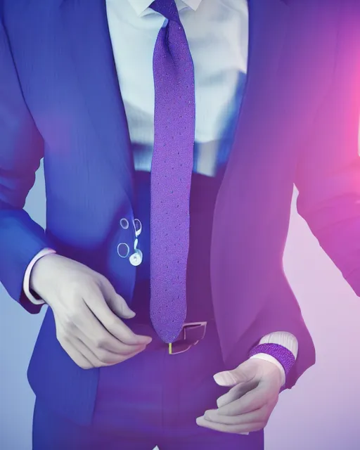 Image similar to man in blue suit with pink tie and purple shirt pondering, hyper realism, cinematic, volumetric lighting, intricate complexity, extremely detailed,