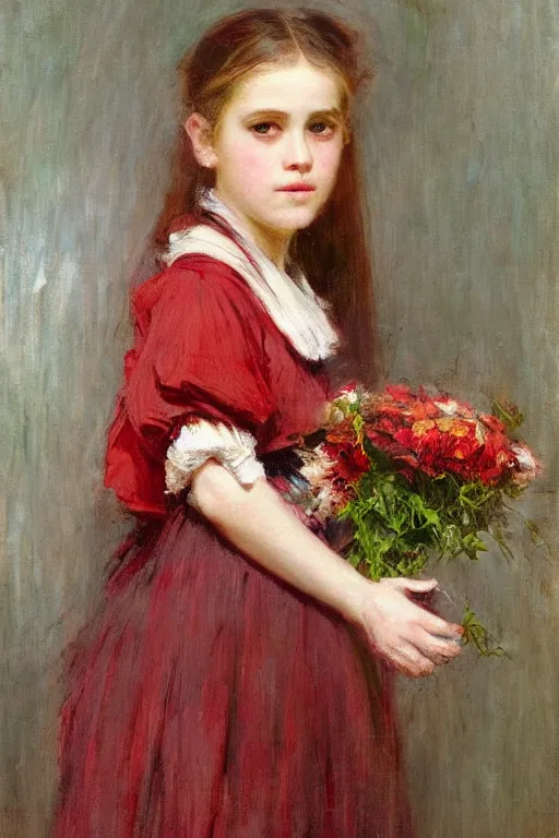 Image similar to Solomon Joseph Solomon and Richard Schmid and Jeremy Lipking victorian genre painting full length portrait painting of a young girl holding a bouquet, red background