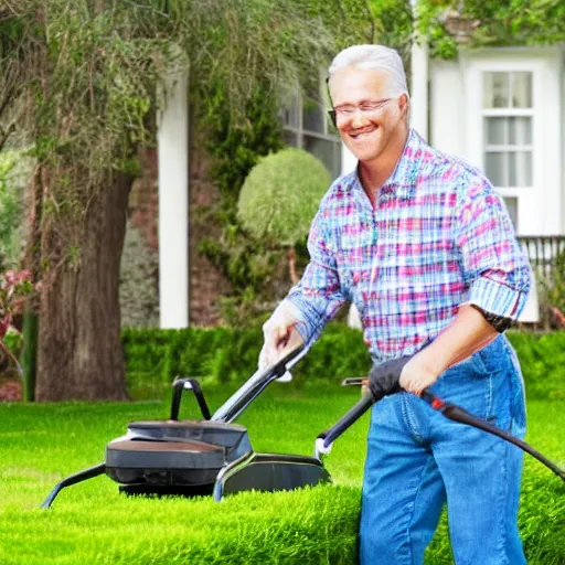 Image similar to a stock photo of a man mowing his lawn, 4 k, detailed face