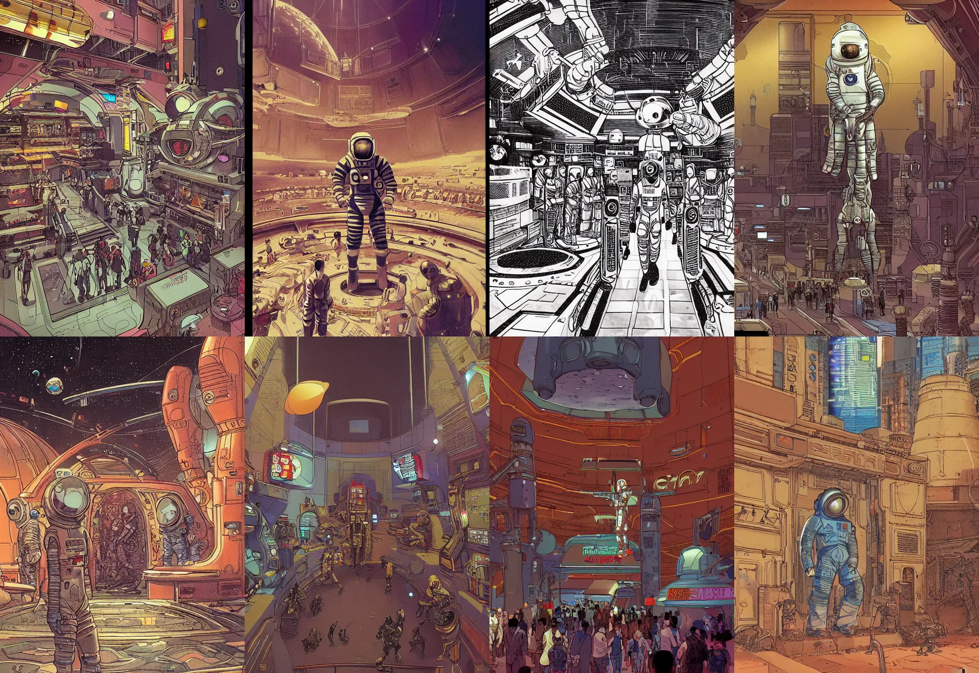 Image similar to an astronaut standing in the entrance to a bustling cyberpunk casino on mars, filled with people, robots, cyborgs, aliens, by moebius
