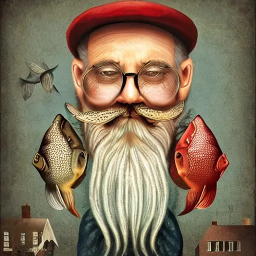 Image similar to old man with a beard full of fish, harbour background, lowbrow surrealistic, in the style of mark ryden,