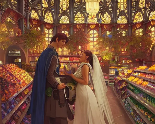 Image similar to a wedding in a supermarket, photography of kurzgesagt, deep focus, d & d, fantasy, intricate, elegant, highly detailed, digital painting, artstation, concept art, matte, sharp focus, illustration, hearthstone, art by artgerm and greg rutkowski and alphonse mucha