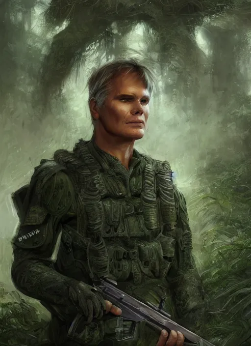 Image similar to portrait of a young richard dean anderson wearing a green combat uniform, in a post appocalyptic city overgrown by plants, by wlop, by luis royo, by greg rutkowski, cover illustration, concept art, volumetric lighting, volumetric atmosphere, sharp focus, octane render, trending on artstation, 8 k