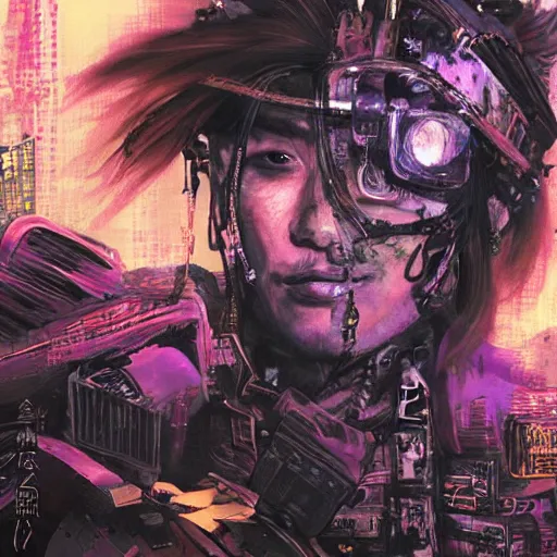 Prompt: portrait painting of a street samurai with long purple hair riding a motorcycle through a burning cyberpunk slum, glitch, concept art, intricate details, eerie, highly detailed, art by tsutomu nihei n 9