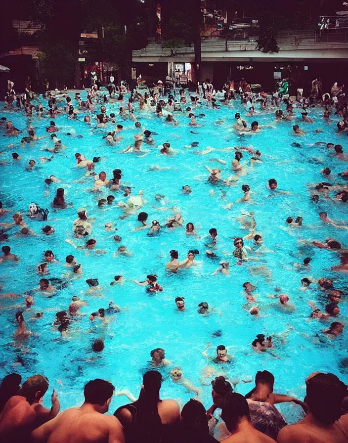 Image similar to “ a mob of angry people stuck in a small square swimming pool ”