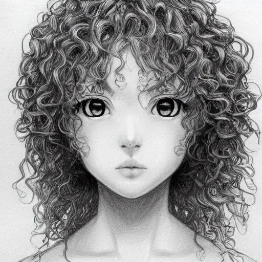 pencil sketch of an anime girl with a curly hair,, Stable Diffusion