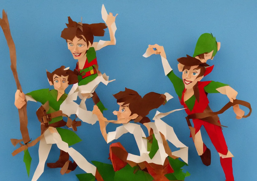 Prompt: a simple cut paper sculpture of peter pan and captain hook
